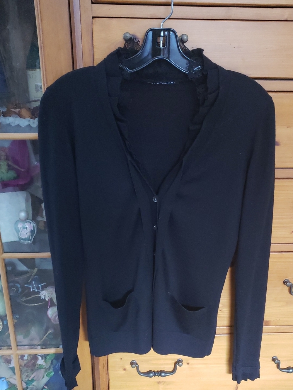 Elie Tahari Black Merino Cardigan with Lace Trim Xs